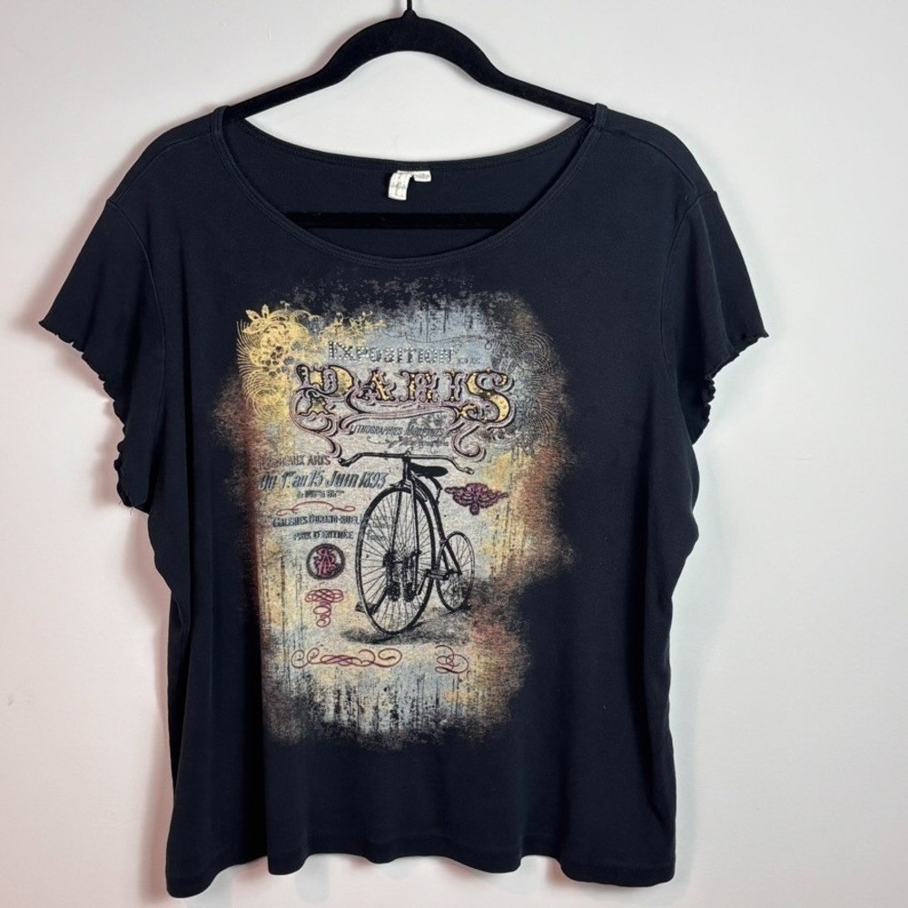Olivia Page Womens Y2K whimsigoth Paris Graphic Print Lettuce Trim Tee sz 1X